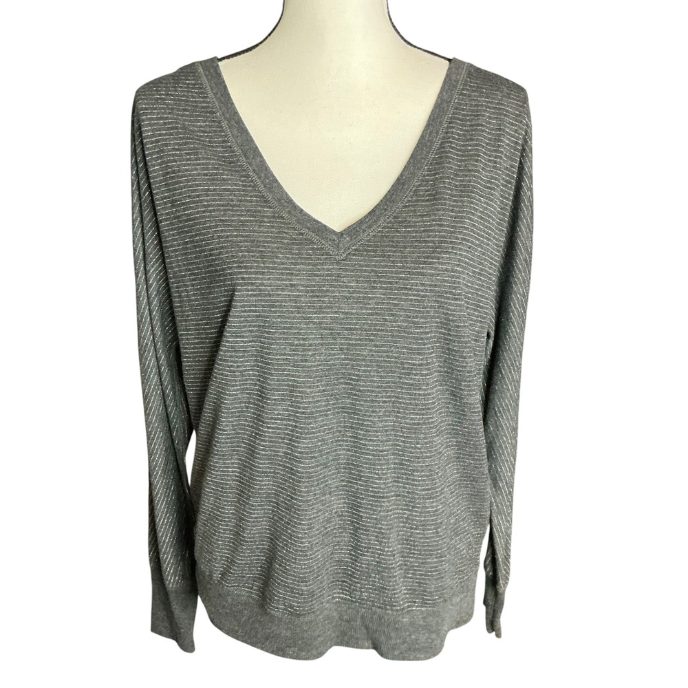 American Eagle Gray Striped V-Neck Sweater Women Size L Metallic Knit Dolman